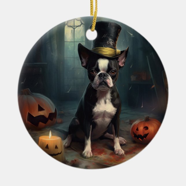 Boston Terrier Pumpkins Halloween Scary Julgransprydnad Keramik (Framsidan)