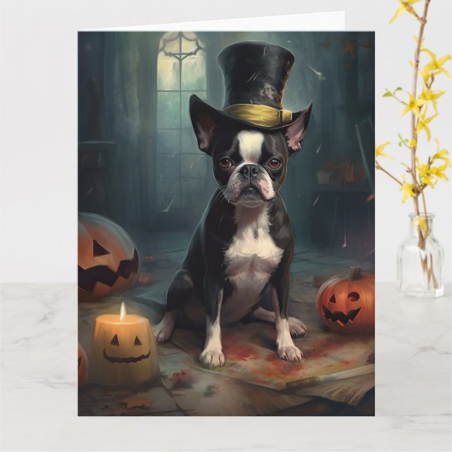 Boston Terrier Pumpkins Halloween Scary Kort (Gul blomma)