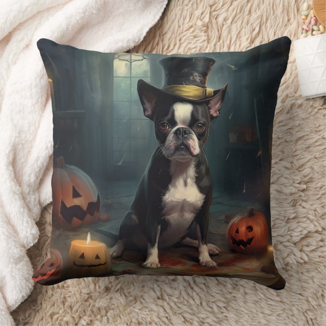 Boston Terrier Pumpkins Halloween Scary Kudde (Filt)
