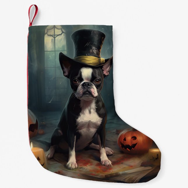 Boston Terrier Pumpkins Halloween Scary Liten Julstrumpa (Framsidan)