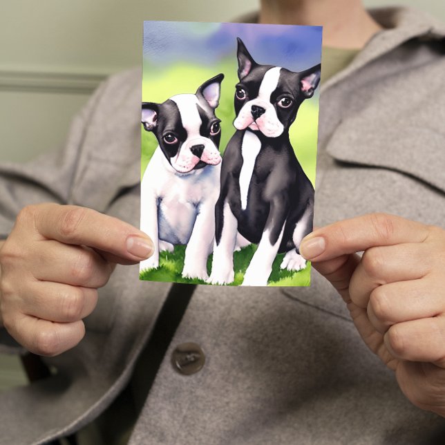 Boston Terrier Puppies Watercolor Hälsning Kort (Skapare uppladdad)