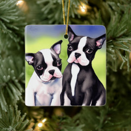 Boston Terrier Puppies Watercolor Julgransprydnad Keramik