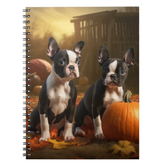 Boston Terrier Puppy Autumn Delight Pumpkin Anteckningsbok (Framsidan)