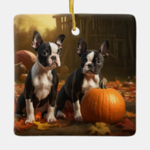 Boston Terrier Puppy Autumn Delight Pumpkin Julgransprydnad Keramik