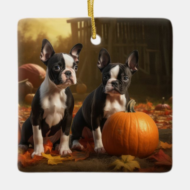 Boston Terrier Puppy Autumn Delight Pumpkin Julgransprydnad Keramik (Framsida)