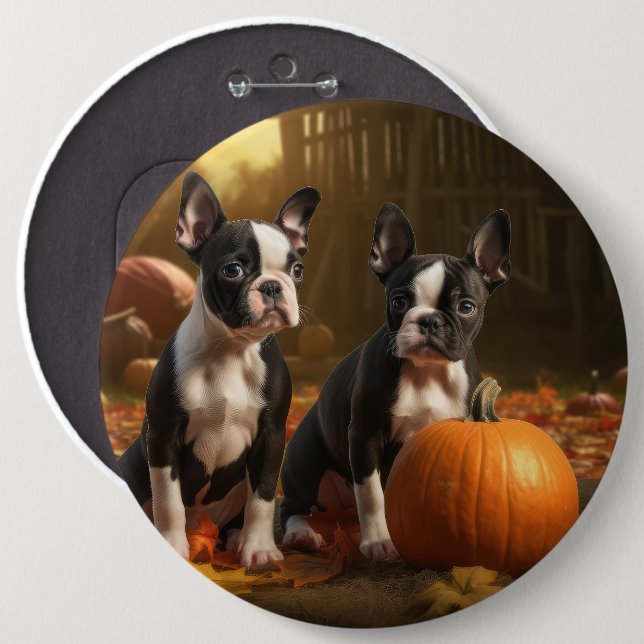 Boston Terrier Puppy Autumn Delight Pumpkin Knapp (Framsida & baksida)
