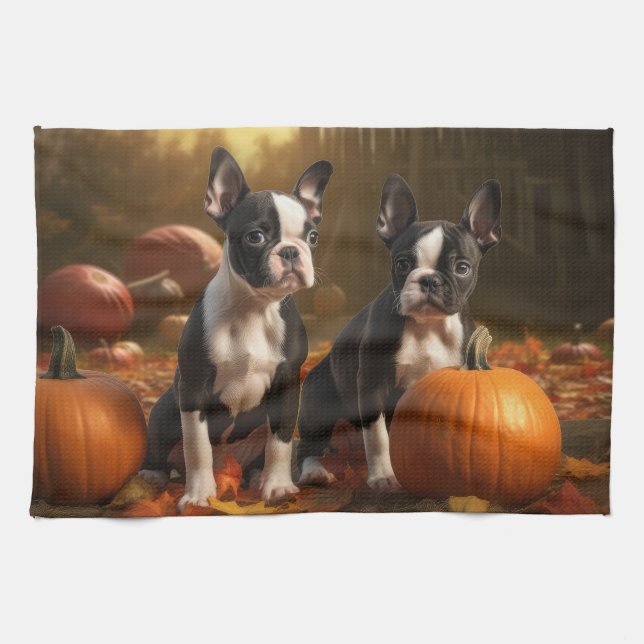 Boston Terrier Puppy Autumn Delight Pumpkin Kökshandduk (Horisontell)