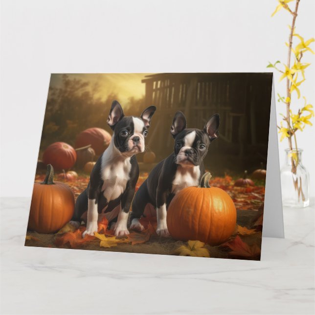 Boston Terrier Puppy Autumn Delight Pumpkin Kort (Gul blomma)