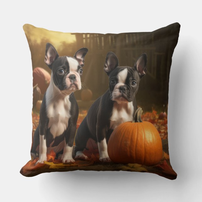 Boston Terrier Puppy Autumn Delight Pumpkin Kudde (Framsida)
