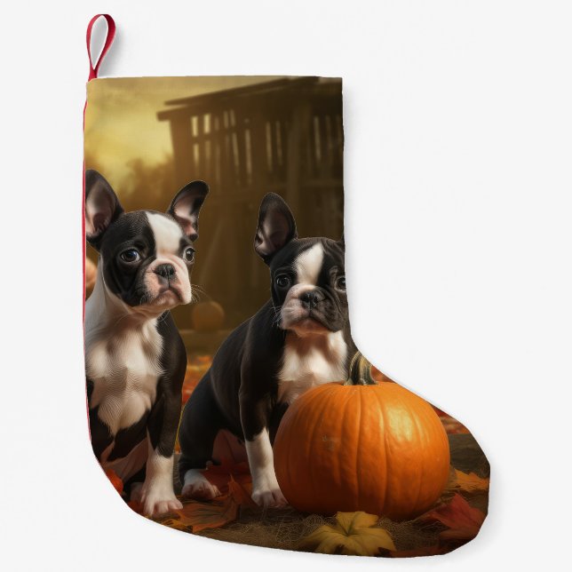 Boston Terrier Puppy Autumn Delight Pumpkin Liten Julstrumpa (Framsidan)