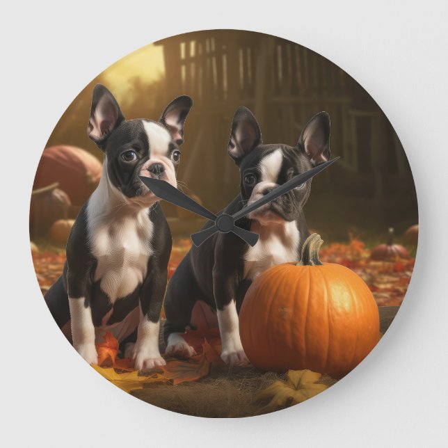 Boston Terrier Puppy Autumn Delight Pumpkin Stor Klocka (Framsida)