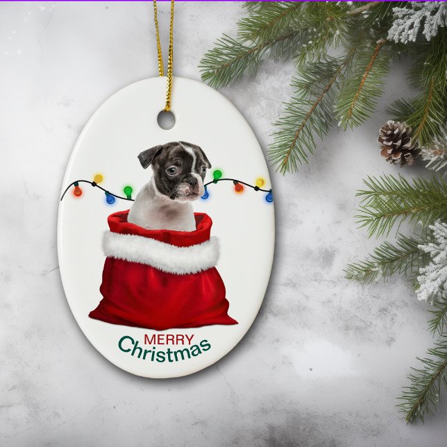 Boston Terrier Puppy i Gift Bag Julgransprydnad Keramik (Skapare uppladdad)