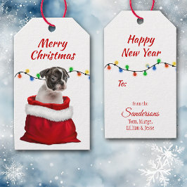 Boston Terrier Puppy i Santa Bag Presentetikett