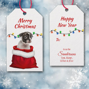 Boston Terrier Puppy i Santa Bag Presentetikett