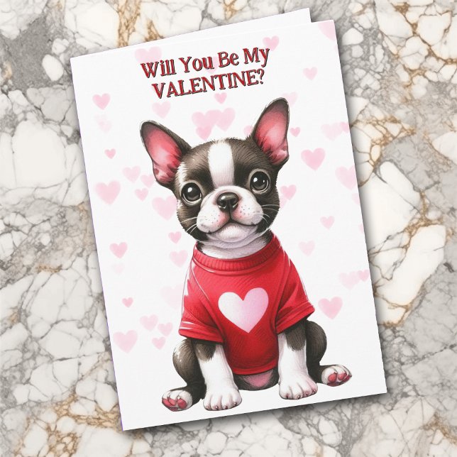 Boston Terrier Puppy i Sweater Valentine Helgkort (Skapare uppladdad)