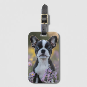 Boston Terrier Puppy Lupine Flowers Bagagebricka