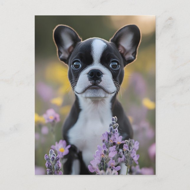 Boston Terrier Puppy Lupine Flowers Vykort (Framsida)