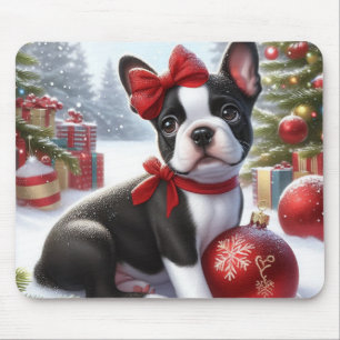 Boston Terrier Puppy med julprydnad Musmatta