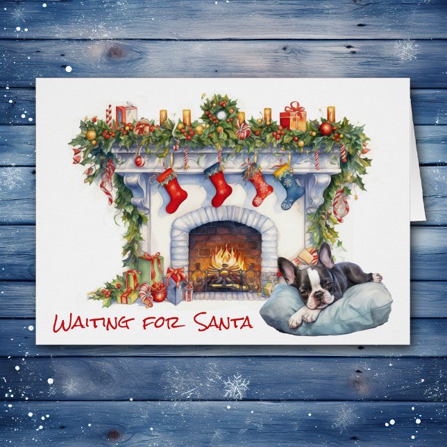 Boston Terrier Puppy Vänta på Santa Fireplace Hälsningskort (Skapare uppladdad)