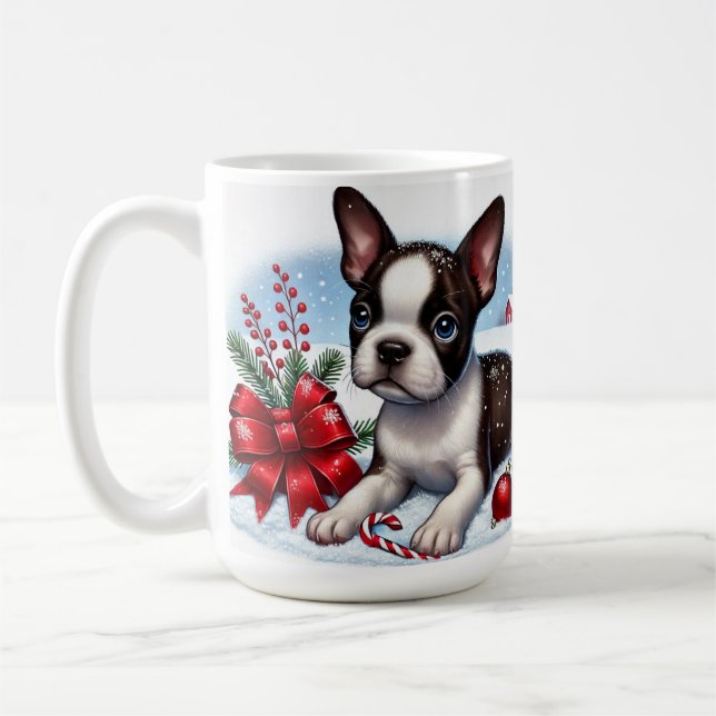 Boston Terrier Puppy With Juldekorationer Kaffemugg (Vänster)