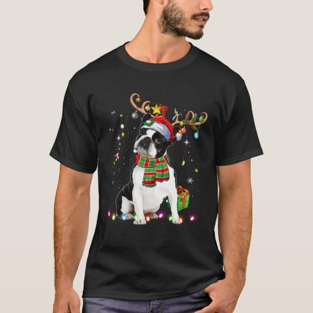 Boston Terrier Reindder Santa Hat Christmas Tree L T Shirt (Framsida)