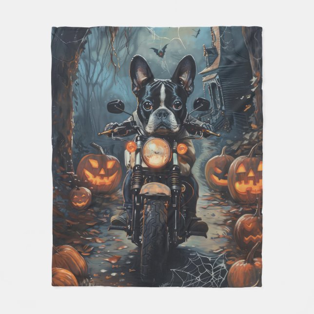 Boston Terrier Riding Motorcycle Halloween Scary Fleecefilt (Framsidan)