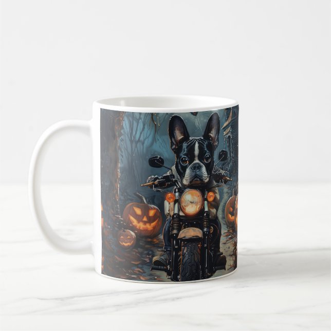 Boston Terrier Riding Motorcycle Halloween Scary Kaffemugg (Vänster)