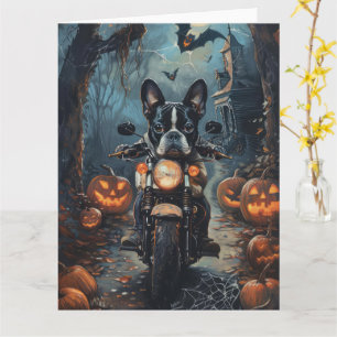 Boston Terrier Riding Motorcycle Halloween Scary Kort