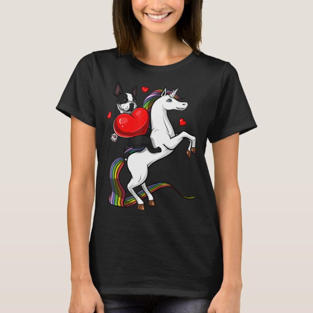 Boston Terrier, Riding Unicorn Valentines day T T Shirt (Framsida)