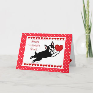 Boston Terrier & röd hjärtavalentin Helgkort