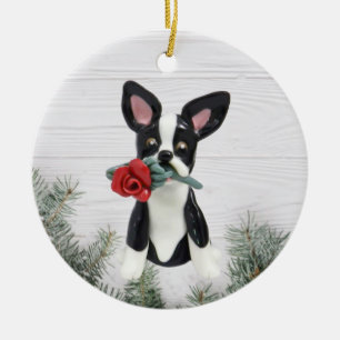 Boston Terrier Röd ros julprydnad Julgransprydnad Keramik
