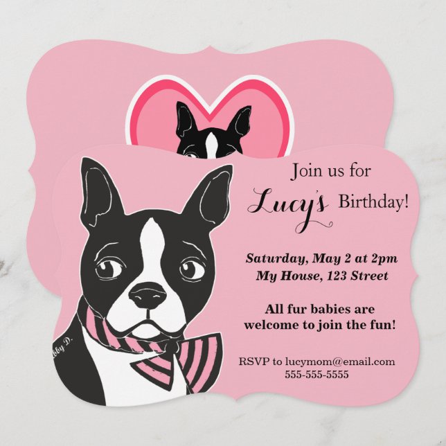Boston Terrier Rosa Birthday Anpassningsbar Inbjud Inbjudningar (Fram/baksida)