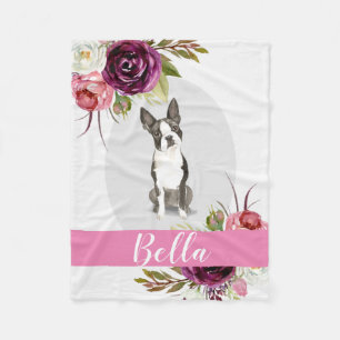 Boston Terrier, rosa, vattenfärgblommor Fleecefilt