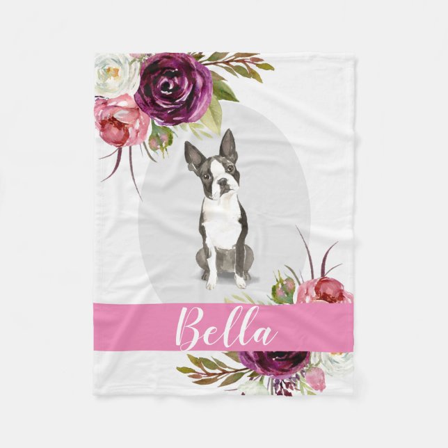 Boston Terrier, rosa, vattenfärgblommor Fleecefilt (Framsidan)