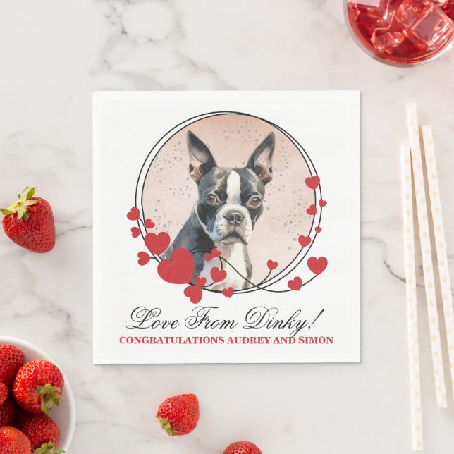 Boston Terrier Rött Hjärt Ram Hund Foto Pappersservett (Insitu)