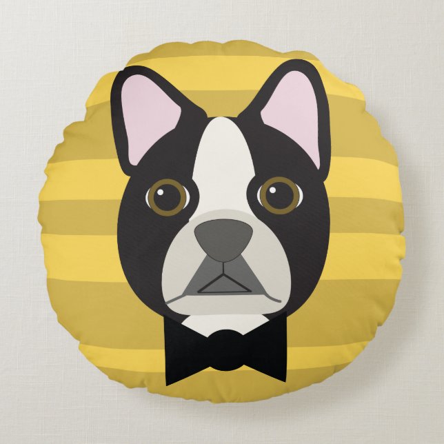 Boston Terrier Rund Kudde (Framsidan)