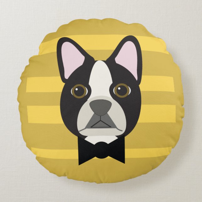 Boston Terrier Rund Kudde (Framsidan)