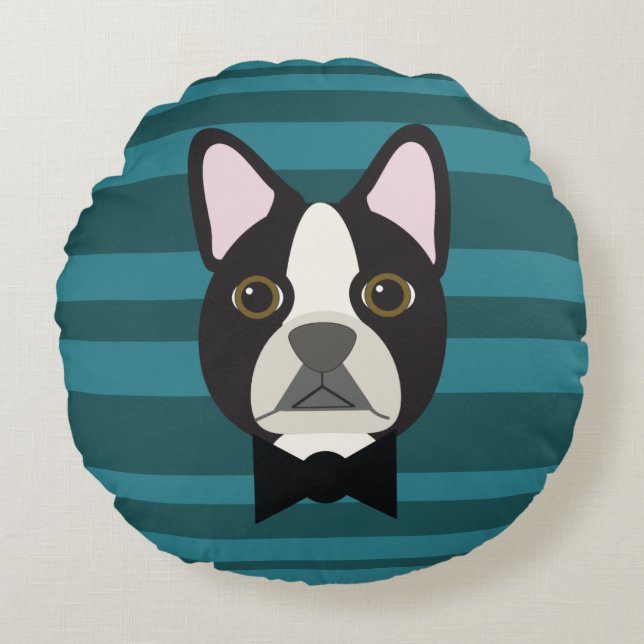 Boston Terrier Rund Kudde (Framsidan)