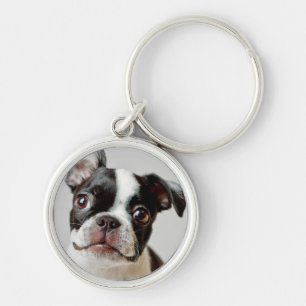 Boston Terrier Rund Silverfärgad Nyckelring