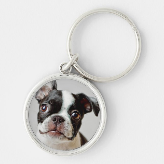 Boston Terrier Rund Silverfärgad Nyckelring (Framsidan)