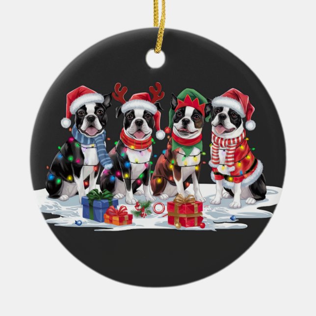 Boston Terrier Santa attantlers elf-jul Julgransprydnad Keramik (Framsidan)