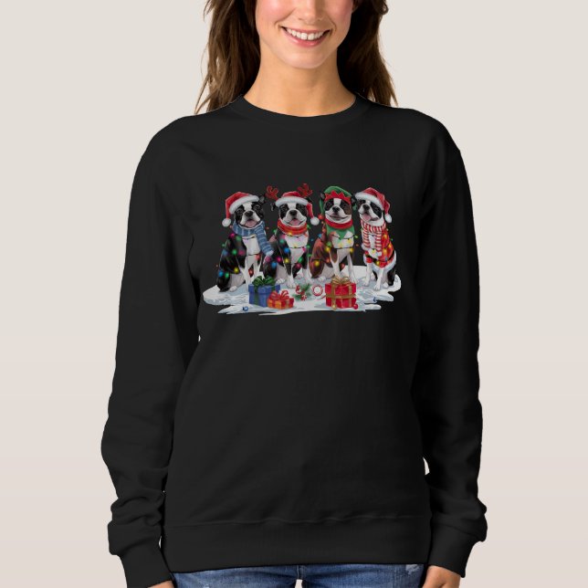 Boston Terrier Santa attantlers elf-jul T Shirt (Framsida)