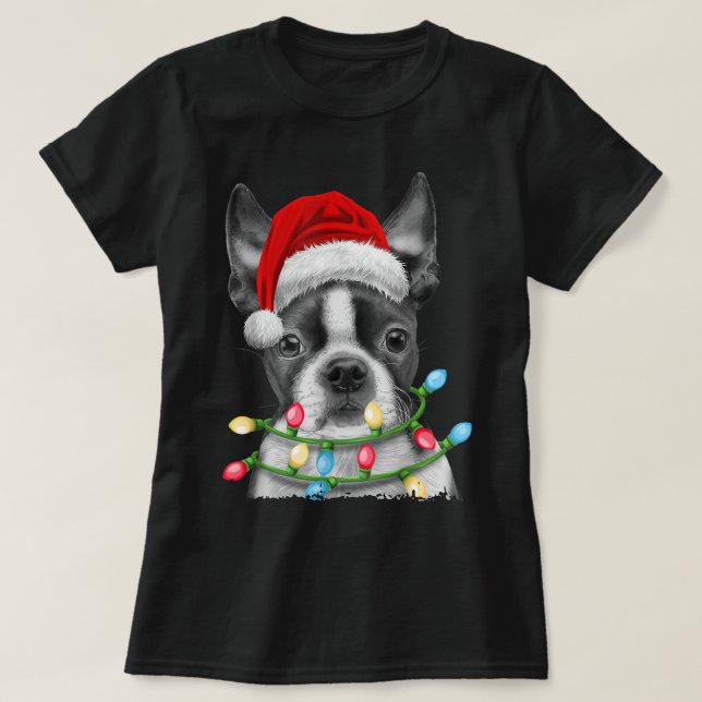 Boston Terrier Santa Christmas Tree Lights Xmas Bo T Shirt (Design framsida)