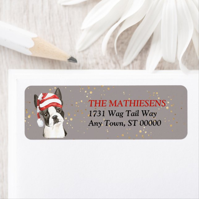 Boston Terrier Santa Hat Address Label Returadress Etikett (Insitu)