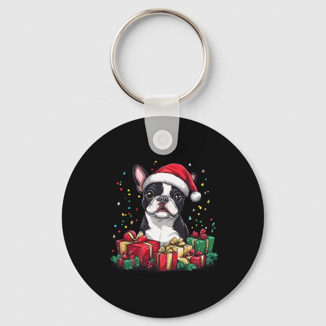 Boston Terrier Santa Hat Funny jul Bostie Do Nyckelring (Framsida)