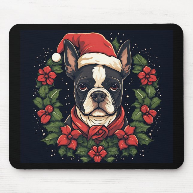Boston Terrier Santa Hat Holly jul Musmatta (Framsidan)