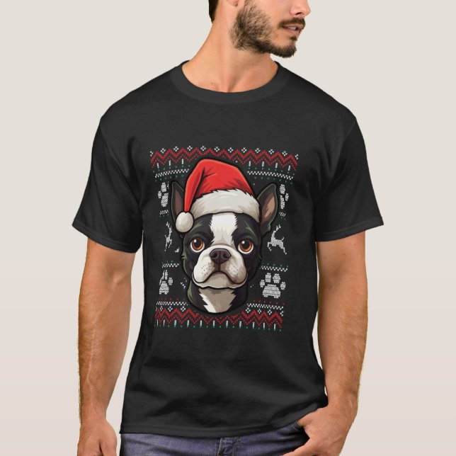 Boston Terrier Santa Hat jul Rolig hund Mamma D T Shirt (Framsida)
