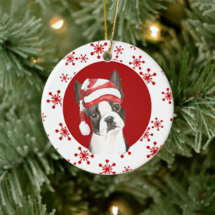 Boston Terrier Santa Hat Red Snowflake Julgransprydnad Keramik