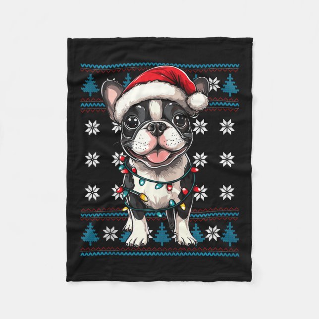 Boston Terrier Santa Julafton Träd Ljus Bostie Ugl Fleecefilt (Framsidan)