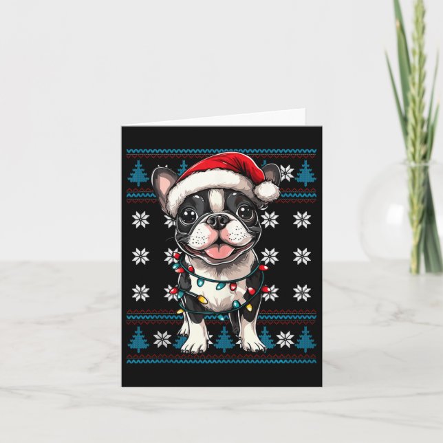 Boston Terrier Santa Julafton Träd Ljus Bostie Ugl Kort (Framsida)